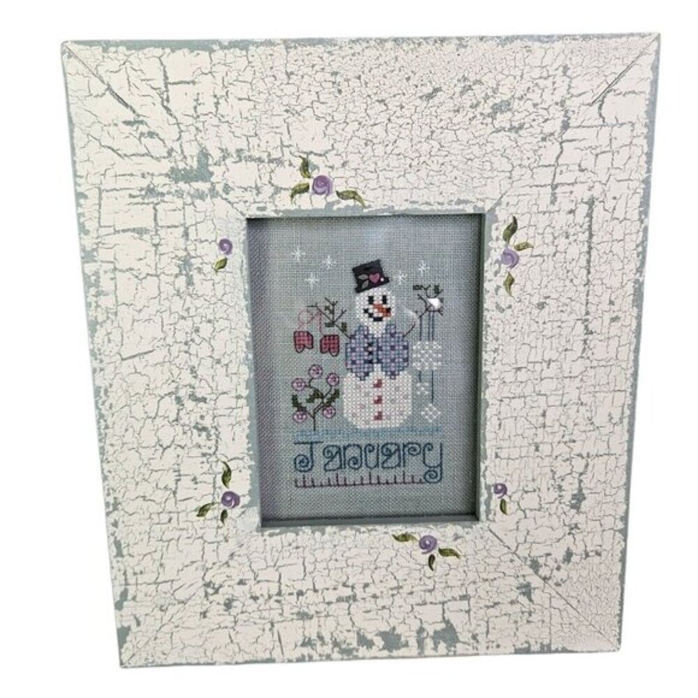 January Snowman Cross Stitch Framed COMPLETED Shepherds Bush‎ Stitching Wall Art